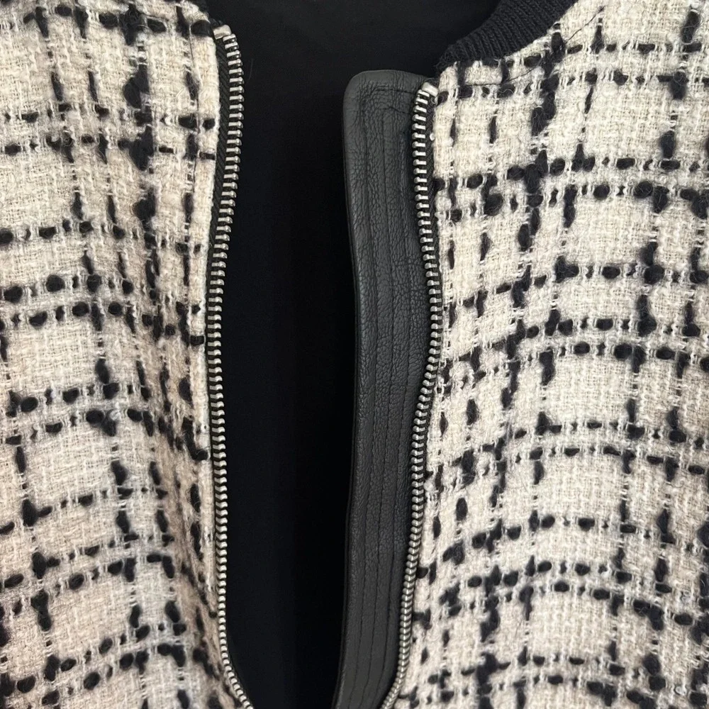 Abercrombie & Fitch Women Tweed Bomber Jacket Wool Blend Black Cream‎ Large L